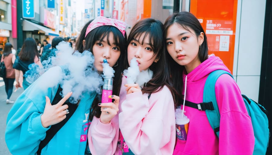 Fashion-forward women in Tokyo displaying vape accessories with street style outfits.