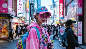 A fashion-forward young woman in Tokyo's Harajuku district showcasing a customized vape device as part of her vibrant streetwear ensemble, surrounded by a lively backdrop of neon lights and eclectic fashion trends.